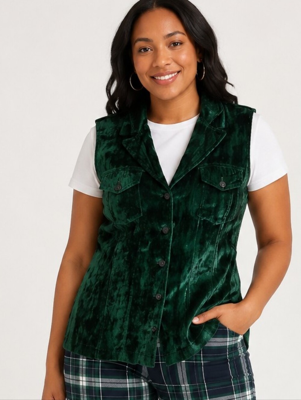 Crush Velvet Green Y2k Sleeveless Button Down GAP Blouse Pockets Med